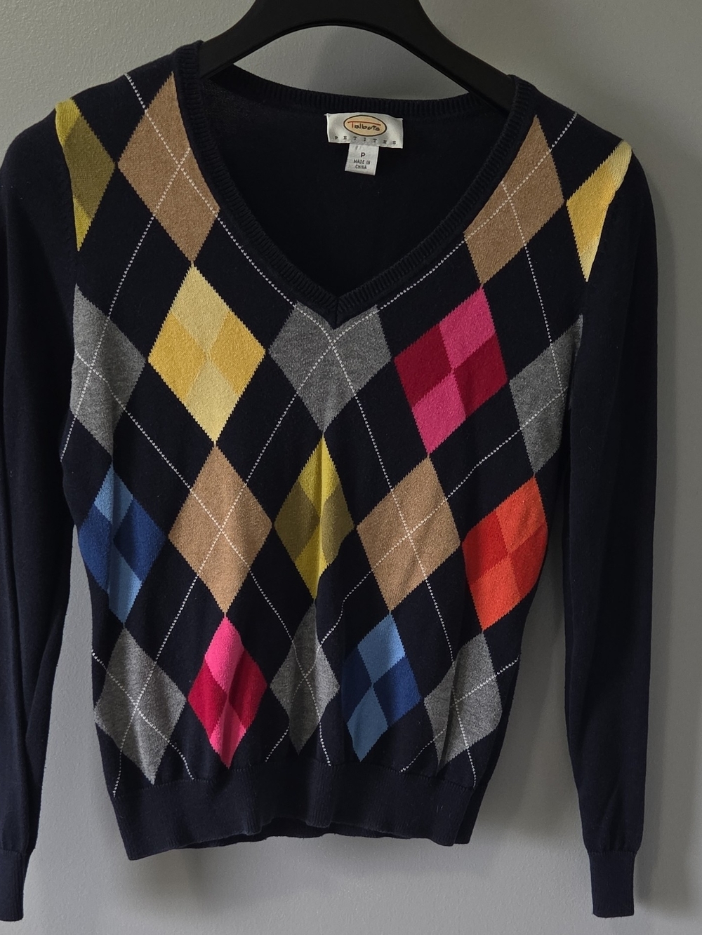 Talbots Navy Multicolored  Petites V-Neck Argyle Sweater Pullover Preppy Y2k